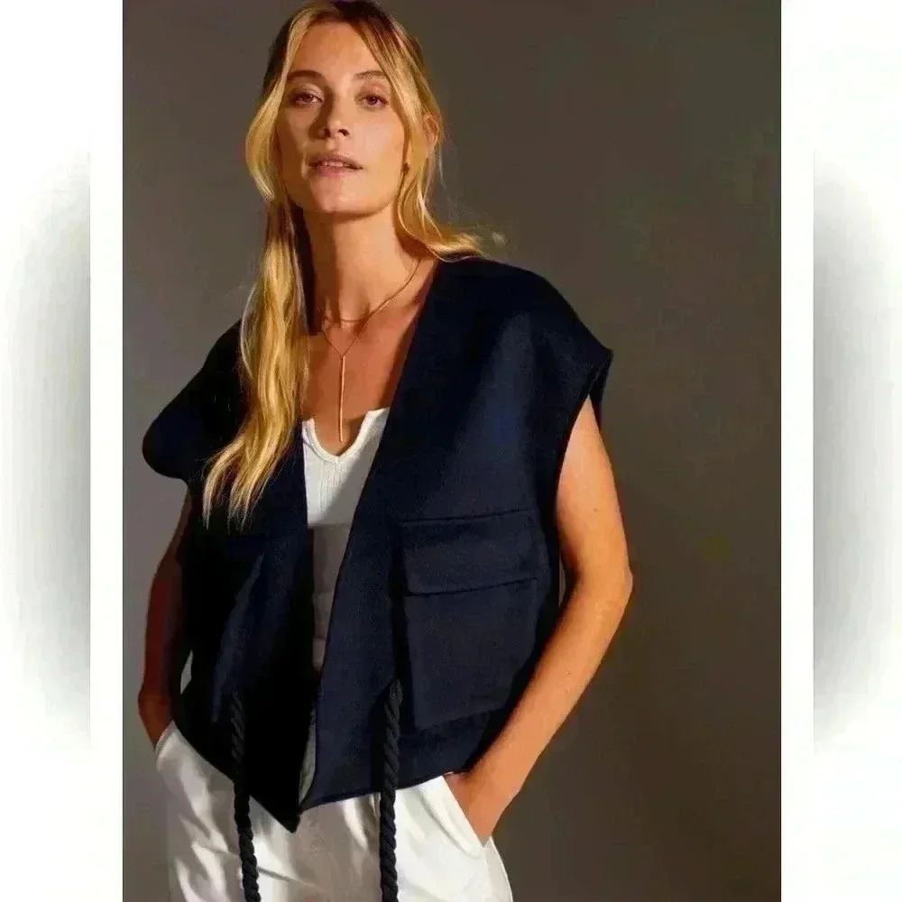 By ANTHROPOLOGIE Maeve Cropped Sweater Vest Boxy  Academia Utility Navy Rope OS